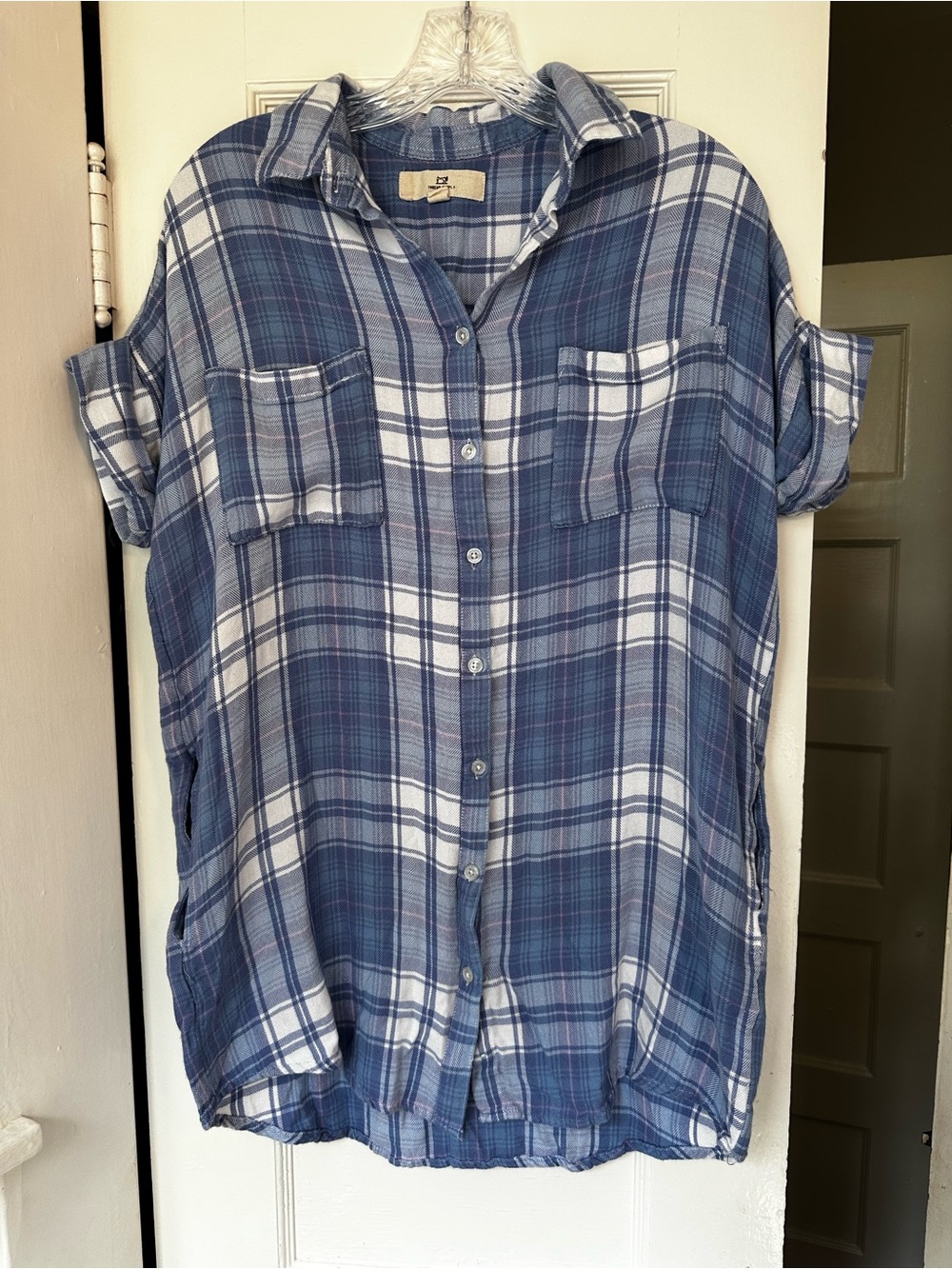 Light Blue Plaid Button-Up Shirt for Women